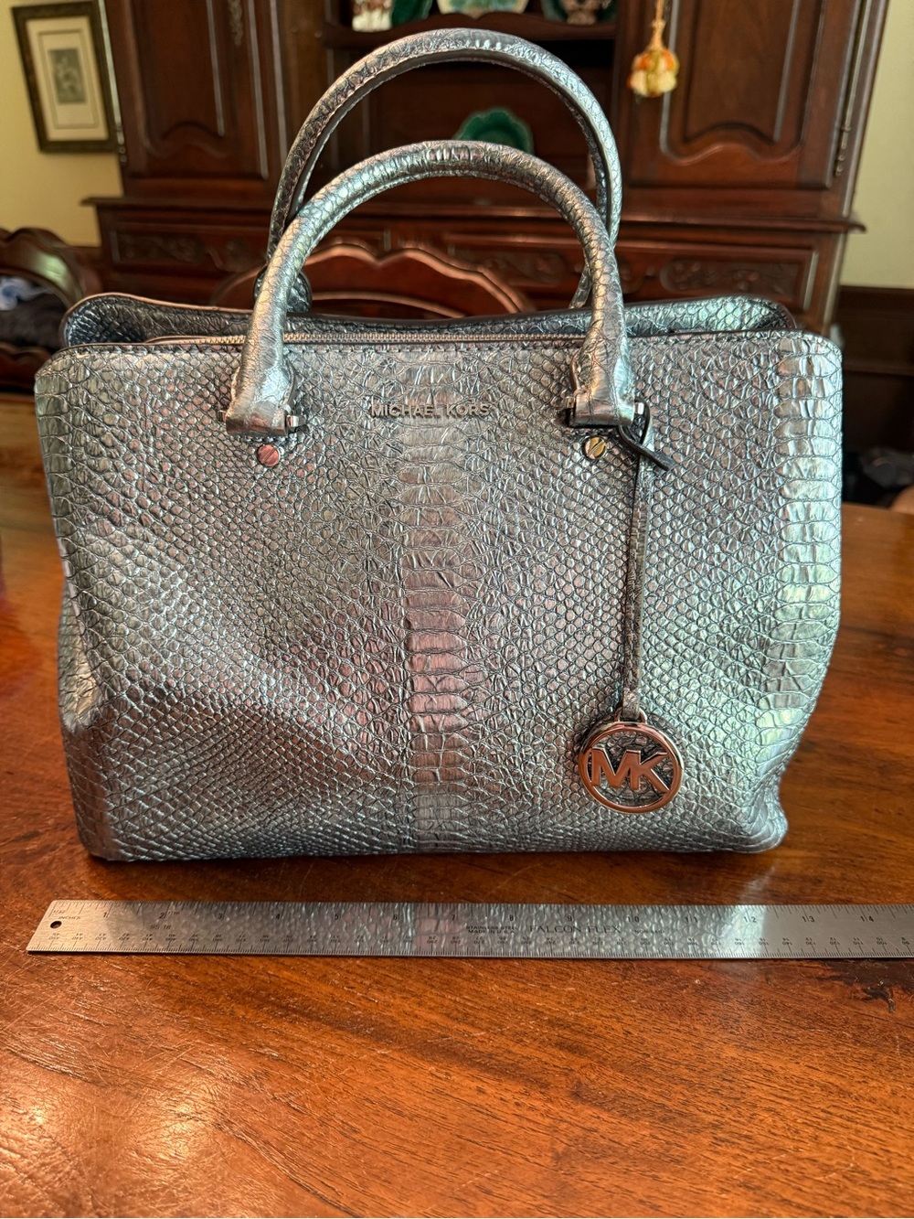 Michael Kors Metallic Silver Python-Embossed Satchel